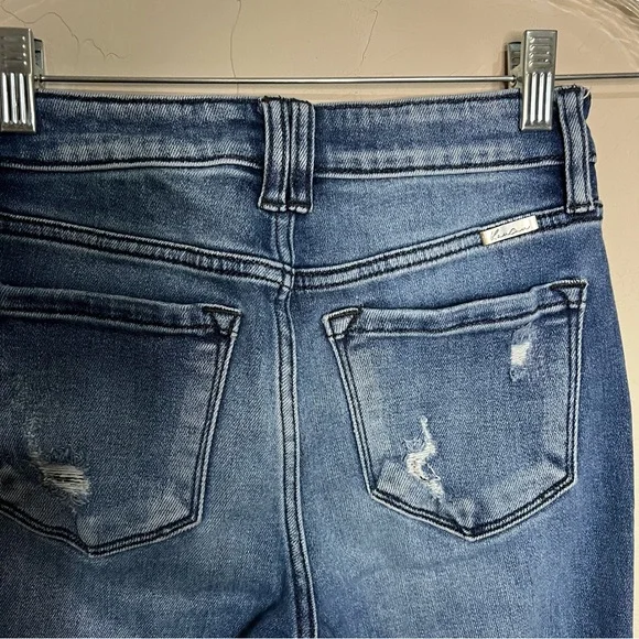 Kancan Morgan High Rise Flare Two Tone Raw Hem Flare  Distressed Denim Jeans - Picture 11 of 12